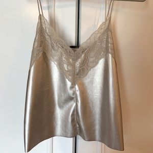 Zara Faux Leather & Lace Champagne/Cream Top